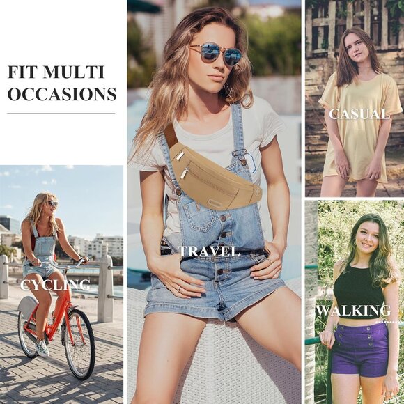 Women Men Khaki Large Crossbody Fanny Pack Belt Bag Hands-Free Waist Pack - Picture 7 of 7